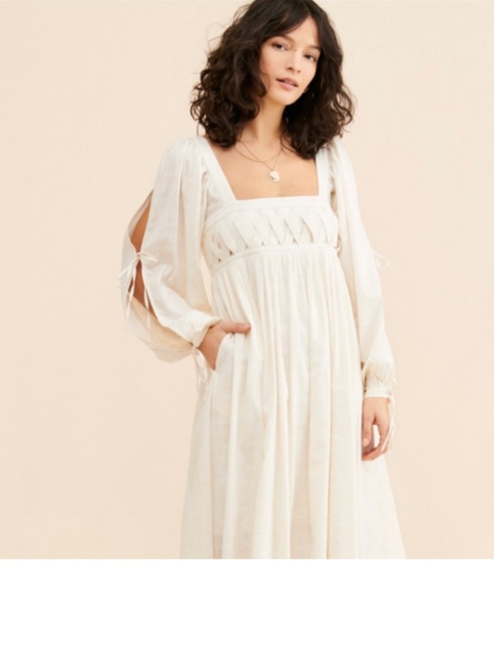 Free People Dreamweaver Maxi Daydreamer Ivory Square-Neck Long Sleeve Maxi Dress